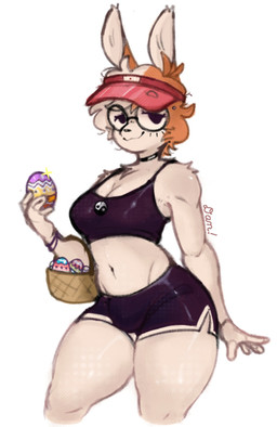 anthro arm_tuft basket basket_on_arm big_ears big_glasses black_bottomwear black_bra black_choker black_clothing black_eyes black_jewelry black_necklace black_shorts black_sports_bra black_underwear bottomwear bra breasts bulge button_nose choker clothing container dolphin_shorts easter_egg eyewear fur glasses gynomorph hair hat headgear headwear holidays intersex jewelry long_ears looking_at_viewer medium_breasts midriff monotone_body monotone_fur navel necklace orange_body orange_fur orange_hair red_clothing red_hat red_headwear round_glasses shorts shoulder_tuft simple_background simple_eyes solo sports_bra standing text thick_thighs tuft underwear visor_cap white_body white_bottomwear white_clothing white_fur white_shorts yin_yang basicsdan easter lagomorph leporid mammal rabbit digital_media_(artwork) guide_lines hi_res portrait signature three-quarter_portrait