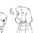 4:3 ambiguous_gender anthro asriel_dreemurr boss_monster_(undertale) bovid caprine clothed clothing dialogue digital_media_(artwork) duo english_text frisk_(undertale) fur hair happy hi_res human male mammal monochrome simple_background sketch smile solo_focus text thedeterminedchild undertale undertale_(series) white_background