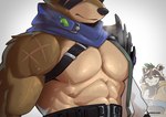 abs anthro anthro_on_anthro armor asian_clothing barazoku belt biceps big_muscles blush bodily_fluids claws close-up clothed clothing deltoids drooling duo ear_piercing ear_ring east_asian_clothing eyebrows facial_piercing frown fur gesture grey_background hair hand_gesture huge_muscles jacket japanese_clothing kerchief kimono leaf looking_at_another male male/male manly mohawk muscular muscular_anthro muscular_male neckerchief neckwear nose_piercing nose_ring open_clothing open_topwear pauldron pecs piercing raised_eyebrow ring_piercing saliva scar serratus simple_background smile smirk standing straps sweat thick_arms topwear tuft vein white_background anjing_kampuss epic_games fortnite hajime_(fortnite) rufus_(fortnite) canid canine mammal procyonid raccoon raccoon_dog tanuki 2025 absurd_res digital_media_(artwork) hi_res watermark