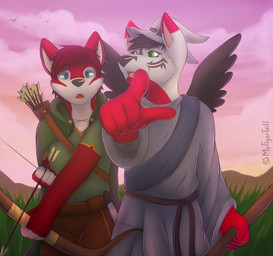 anthro arrow_(weapon) blue_eyes bow_(weapon) buckle cloak clothing cloud countershading duo fur green_eyes hat hat_band hat_buckle headgear headwear holding_bow_(weapon) holding_object holding_ranged_weapon holding_weapon male multicolored_body multicolored_fur outside quiver_(object) ranged_weapon red_body red_fur staff two_tone_body two_tone_fur weapon mytigertail avian bird canid canine fox mammal 2015 signature