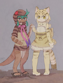 3_eyes :d anthro armwear asian_clothing barefoot big_ears black_clothing black_dress black_tail black_tail_tip blonde_hair blue_hair blush blush_lines blushlines bow_(feature) bow_on_back bow_tie breasts button_dress cat_tail clothed clothing cloud countershade_arms countershade_legs countershading cracked_ground digitigrade dipstick_tail dress duo east_asian_clothing elbow_gloves exposed_leg exposed_shoulder eyeball eyebrow_through_hair eyebrows fangs feet female female/female fingers floor fluffy footwear fur geta gloves green_eyes grey_background hair hand_holding hand_in_pocket hands_in_hoodie handwear hoodie inner_ear_fluff japanese_clothing large_bow leg_markings living_tail looking_at_viewer markings multi_eye multicolored_body multicolored_bow multicolored_clothing multicolored_dress multicolored_ears multicolored_fur multicolored_gloves multicolored_hair multicolored_handwear multicolored_hoodie multicolored_ribbon multicolored_tail number open_mouth pantsless pattern_clothing pattern_hoodie pattern_topwear paws pink_bow pockets red_eyes sandals shoes simple_background sleeveless_clothing sleeveless_dress sleeveless_shirt smile snake_hood snake_tail standing striped_clothing striped_hoodie striped_legs striped_markings striped_tail striped_topwear stripes tail tail_markings tan_clothing tan_hoodie tan_topwear teeth thick_tail thigh_markings toes topwear translucent translucent_hair tuft unusual_anatomy unusual_clothing unusual_tail whiskers yellow_clothing yellow_eyes yellow_tail 0x0082 asian_mythology east_asian_mythology japanese_mythology kemono_friends mythology sand_cat_(kemono_friends) tsuchinoko_(kemono_friends) animal_humanoid cryptid felid felid_humanoid feline feline_humanoid felis humanoid mammal mammal_humanoid mythological_creature mythological_scalie reptile sand_cat scalie snake tsuchinoko yokai 2018 3:4 hi_res japanese_description