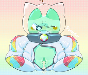 after_sex anthro biped blush blush_stickers bodily_fluids breath chibi clitoral_hood clitoris clothed clothed_anthro clothed_female clothing cum cum_from_vagina cum_in_vagina cum_inside diamond_pupils female flesh_fang front_view genital_fluids genitals gradient_background green_body inner_labia leaking_cum looking_down looking_down_at_genitalia one_eye_closed open_mouth partially_clothed pattern_background simple_background solo spacesuit tears text urethra vulva beageiso yu-gi-oh! yummy_snatchy felid feline mammal 2025 absurd_res artist_name cel_shading censored digital_drawing_(artwork) digital_media_(artwork) hi_res mosaic_censorship shaded