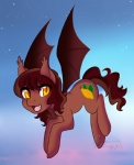 candy chocolate cutie_mark dessert equiline fangs female feral flying food fruitbatpony hair membrane_(anatomy) membranous_wings outside solo sunset teeth wings yellow_eyes cinnamama spazzykoneko hasbro my_little_pony bat_pony equid mammal digital_media_(artwork) shaded