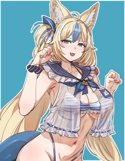 ahoge big_breasts bikini blonde_hair blue_eyes breasts clothing eyebrow_through_hair eyebrows fangs female hair navel paw_pose pose solo swimwear teeth translucent translucent_hair two-piece_swimsuit bow_(artist) vtuber sameko_saba_(vtuber) animal_humanoid aquatic aquatic_humanoid cat_humanoid felid felid_humanoid feline feline_humanoid fish fish_humanoid humanoid hybrid mammal mammal_humanoid shark_humanoid 2025 hi_res