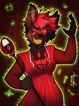 anthro brown_body brown_fur clothing cosplay ear_piercing female fur piercing red_clothing red_eyes smile solo staff ninathepun hazbin_hotel alastor_(hazbin_hotel) hyena mammal 3:4 hi_res