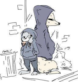 ambiguous_gender anthro back_to_back barefoot bottomwear clothed clothing duo feet fully_clothed fur grey_body grey_fur hoodie outside pants standing topwear white_body white_fur nobby_(artist) disney zootopia jack_savage skye_(zootopia) arctic_fox canid canine fox lagomorph leporid mammal rabbit true_fox aliasing binary_drawing digital_drawing_(artwork) digital_media_(artwork) hi_res