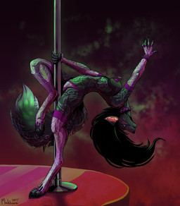 anthro armwear black_hair blue_eyes breasts clothing collar dancing digitigrade elbow_gloves female fingerless_gloves flexible fluffy fluffy_tail gloves hair handwear legwear long_hair markings panties pasties pole pole_dancing solo spiked_collar spikes stockings stripes striptease tail tattoo thigh_highs underwear mahkara canid canine canis mammal wolf 2015 hi_res