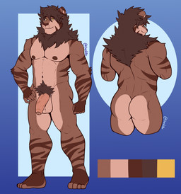 anthro areola back_tuft balls biped brown_mane butt chest_tuft feet fingers fist flaccid foreskin front_view genitals geometric_background glans hand_on_hip humanoid_feet humanoid_genitalia humanoid_hands humanoid_penis looking_at_viewer male mane nipples nude_anthro nude_male orange_eyes partially_retracted_foreskin pecs penis plantigrade pose pubes rear_view simple_background smile solo standing text toes tuft vein veiny_penis darolion darolion_(character) felid lion mammal pantherine 2023 artist_name colored full-length_portrait hi_res model_sheet portrait three-quarter_portrait