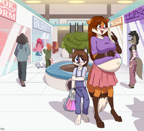 2_horns age_difference anthro big_bell big_breasts big_penis biped black_markings black_nose blue_eyes bottomwear bracelet breasts brown_hair bulge clothed clothing countershade_face countershade_fur countershade_torso countershading day detailed_bulge digitigrade dipstick_tail duo_focus eyebrows female fluffy fluffy_tail fur genital_outline genitals gloves_(marking) group hair half-erect hand_in_pocket hand_on_own_arm hooves horn huge_penis inside jewelry larger_female leg_markings long_hair looking_aside looking_at_another male mall markings multicolored_body multicolored_fur navel older_female open_mouth overalls penis penis_outline pockets pregnant pregnant_female public red_body red_fur red_hair shirt short_hair size_difference skirt smaller_male socks_(marking) tail tail_markings tail_tuft text tongue topwear tuft two_tone_body two_tone_fur unguligrade white_body white_countershading white_fur white_markings young young_anthro young_but_hung young_male younger_male fuf bovid bovine canid canine canis cattle fox mammal wolf 2026 english_text hi_res
