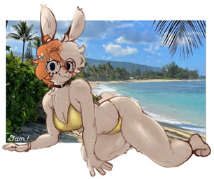 5_fingers :3 accessory all_fours anthro arm_accessory big_glasses bikini bikini_bottom bikini_top black_choker black_eyes black_eyewear black_glasses black_jewelry black_necklace border breasts button_nose chest_tuft choker clothing eyewear female fingers fur glasses gold_bikini gold_bikini_bottom gold_bikini_top gold_bottomwear gold_topwear golden_clothing hair hair_accessory humanoid_hands jewelry long_ears looking_at_viewer monotone_body monotone_fur multicolored_hair necklace o-ring_bikini orange_hair photo_background round_glasses simple_eyes solo swimwear tail tail_tuft thick_thighs tuft two-piece_swimsuit two_tone_hair white_body white_border white_fur white_hair basicsdan golden_week lagomorph leporid mammal rabbit digital_media_(artwork) hi_res photography_(artwork) signature