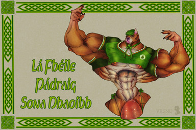 abs anthro biceps big_muscles big_penis bottomwear bow_tie clothed clothing flexing fur genitals hair huge_muscles huge_penis hyper hyper_genitalia hyper_muscles hyper_penis jersey male muscular muscular_anthro muscular_male nipple_piercing nipples nude pecs penis piercing ring_piercing shamrock shirt simple_background solo speedo standing swimwear text topwear vesnu_studio canid canine canis domestic_dog mammal pit_bull 3:2 digital_media_(artwork) hi_res