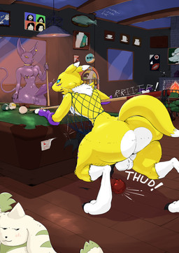 ambiguous_gender animal_genitalia animal_penis anthro ball balls big_balls big_butt big_penis big_tail billiard_ball billiard_cue billiard_table billiards black_clothing black_underwear blush blush_lines bodily_fluids bottomwear butt ceiling_lamp chair clothing digitigrade electronics equine_genitalia equine_penis erection femboy fire fireplace fishnet_clothing fishnet_topwear focused fur fur_markings furniture genitals group hairless jacket jukebox lamp leaning leaning_forward leaning_on_table male markings mounted_trophy nipple_piercing nipple_ring nipples painting_(object) penis penis_on_ground picture_on_wall pictures piercing pub public public_nudity ring_piercing sweat sweaty_balls sweaty_butt sweaty_genitalia table tacky tail thick_thighs tongue tongue_out topwear torn_bottomwear torn_clothing torn_underwear underwear wardrobe_malfunction wood_beams ducktape_lizard_inc bandai_namco bepis cavemanon_studios digimon dragon_ball dragon_ball_super snoot_game the_beatles beerus dr._fernsworth_(snoot_game) canid canine digimon_(species) domestic_cat felid feline felis fish fox hairless_cat impmon lagomorph leporid mammal marine rabbit renamon terriermon absurd_res hi_res