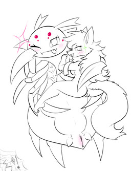 anthro anus arthropod_abdomen arthropod_abdomen_genitalia arthropod_abdomen_vulva barefoot blush breasts butt clothing duo feet female female/female feral fur genitals hair inviting looking_at_viewer multi_eye nude one_eye_closed simple_background smile toes tongue tongue_out vulva white_body wink e-01 so_i'm_a_spider_so_what? kumoko zero_one arachnid arthropod canid canine canis mammal spider wolf zerian_(species) digital_media_(artwork) hi_res