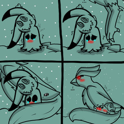 ambiguous_gender blush bodily_fluids crying duo ellipsis exclamation_point feral interrobang snow tears yaoilover113 loss nintendo pokemon articuno avian bird generation_1_pokemon generation_7_pokemon legendary_pokemon mimikyu pokemon_(species) 1:1 2016 comic hi_res meme signature