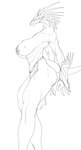 abs anthro areola armor big_breasts big_butt bottomwear breasts butt clothing female loincloth muscular muscular_anthro muscular_female muscular_thighs piercing side_view simple_background solo tail audunor mythology dragon mythological_creature mythological_scalie scalie absurd_res hi_res monochrome