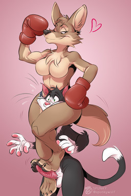 4_toes 5_fingers animal_genitalia animal_penis anthro arm_tuft balls black_body black_eyebrows black_fur black_nose black_pawpads black_tail black_toe_claws bodily_fluids boxing_gloves breasts brown_body brown_eyes brown_fur cheek_tuft chest_tuft claws clothed clothing dipstick_tail dominant dominant_female elbow_tuft erection eyebrows eyelashes facial_tuft featureless_breasts feet feline_genitalia feline_penis female fingers foot_fetish foot_on_penis foot_play footjob fur genitals gloves_(marking) green_eyes half-closed_eyes handwear headscissor heart_symbol inner_ear_fluff leg_wrap looking_down male male/female markings motion_lines multicolored_body multicolored_fur narrowed_eyes pawpads penis pink_background pink_nose pink_pawpads raised_eyebrows sex simple_background sitting_on_shoulders smile smirk squish submissive submissive_male sweat sweatdrop tail tail_markings tan_body tan_fur thigh_squish toe_claws toes topless tuft two_tone_body two_tone_fur two_tone_tail white_body white_fur white_tail_tip spunky_(artist) jake_(cavix) millie_(cavix) canid canine canis coyote domestic_cat felid feline felis mammal 2026 2:3 signature