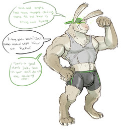 anthro biceps brainwashing bulge clothing confident cursed dialogue digitigrade flexing frat_boy fraternity grin growth hat headgear headwear himbofication hypnosis hypnotic_clothing hypnotic_eyes intelligence_loss jock magic male mind_control muscle_growth muscular muscular_anthro muscular_male pecs ringed_eyes shirt simple_background smile solo tank_top text topwear torn_clothing transformation white_background hyenaface sirocco_(dragoncrescent) hare lagomorph leporid mammal english_text story story_in_description