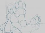 4:3 4_toes anthro bandai_namco barefoot biped canid claws deviantchump digimon digimon_(species) feet female foot_fetish foot_focus furniture hindpaw looking_at_viewer mammal monochrome nude pawpads paws plantigrade renamon sketch smile soles solo toe_claws toes