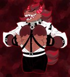 anthro belt brown_body brown_fur clothed clothing food fur gloves handwear harness horn jacket jewelry male muscular muscular_anthro muscular_male necklace open_clothing open_shirt open_topwear red_eyes red_horn sharp_teeth shirt solo teeth topwear chippybooru cookie_run cookie_run_kingdom devsisters schwarzwalder canid canine canis food_creature mammal wolf hi_res