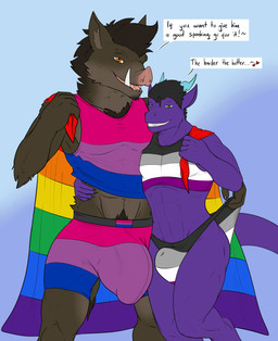 aegosexual_pride_colors anthro asexual_pride_colors balls big_balls big_bulge big_penis big_tail bisexual_pride_colors bottomwear bulge clothed clothing clothing_lift clothing_pull crop_top cuddling detailed_bulge dialogue dirty_talk duo flag flag_(object) genital_outline genitals grin hand_on_hip heart_symbol holding_flag holding_object holding_onto_partner huge_balls huge_bulge huge_penis lgbt_pride looking_at_viewer male male/male midriff midriff_top muscular panties panty_pull penis penis_outline pouch_(anatomy) pride_color_clothing pride_color_flag pride_color_topwear pride_color_underwear pride_colors revealing_outfit romantic romantic_couple seductive shirt shirt_lift shorts skimpy smile smirk tail talking_to_viewer text tight_bottomwear tight_bulges tight_clothing tight_shorts tight_underwear topwear tusks underwear underwear_pull conditional_dnp samagthrav2 mythology mark_(samagthrav2) samagthra dragon mammal mythological_creature mythological_scalie scalie suid suine sus_(pig) wild_boar absurd_res english_text hi_res