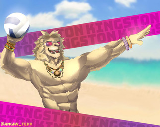 action_pose anthro ball beach male muscular pose shirtless_anthro shirtless_male solo sport volleyball volleyball_(ball) angry_texy epic_games fortnite kingston_(fortnite) felid lion mammal pantherine