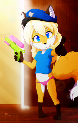anthro blue_eyes clothed clothing costume countershading detailed_background female fur gesture hand_gesture hat headgear headwear light loli looking_at_viewer multicolored_body multicolored_fur orange_body orange_fur panties partially_clothed pink_clothing pink_panties pink_underwear pointing pointing_at_viewer police police_uniform solo sun sunlight toy toy_gun underwear uniform water_gun young young_anthro young_female piporete miu_(aas) canid canine fox mammal absurd_res digital_media_(artwork) hi_res signature