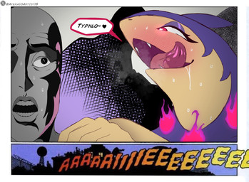 anthro blush bodily_fluids dialogue duo eyelashes eyeshadow fangs female front_view fur glowing glowing_eyes makeup male open_mouth purple_body purple_eyeshadow purple_fur red_eyes saliva speech_bubble tan_body tan_fur teeth text tongue tongue_out averag3artist nintendo pokemon generation_8_pokemon hisuian_form hisuian_typhlosion human mammal pokemon_(species) regional_form_(pokemon) comic hi_res