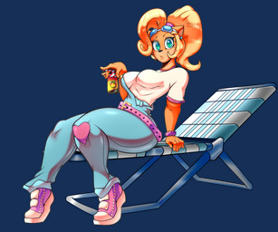 5_fingers accessory anthro beach_chair belt beverage big_breasts black_nose blonde_hair breasts clothed clothing ear_piercing eyebrows eyelashes eyewear eyewear_on_head female fingers footwear frown fully_clothed goggles goggles_on_head green_eyes hair hair_accessory hair_tie holding_beverage holding_object long_hair looking_at_viewer overalls piercing ponytail shirt shoes simple_background sitting sneakers solo t-shirt thick_thighs topwear transparent_background white_clothing white_shirt white_t-shirt white_topwear wristband randomgloves activision crash_bandicoot_(series) coco_bandicoot bandicoot mammal marsupial 2026 absurd_res alpha_channel hi_res