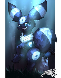 3_toes ambiguous_gender blue_body blue_ears blue_eyes blue_fur blue_nose blue_sclera blue_tail blue_text container cup dark_body dark_fur detailed_background ear_markings facial_markings fangs feet feral fluffy fluffy_tail forehead_markings forest front_view fur glowing grass grey_pawpads grin head_markings iris light looking_at_viewer markings night no_pupils outside particles pawpads paws plant quadruped ring_(marking) ringed_tail scarf sitting sitting_on_stump smile snout solo striped_markings striped_tail stripes tail tail_markings teeth text toes tree tree_stump white_markings white_scarf gingy_k_fox nintendo pokemon eeveelution generation_2_pokemon pokemon_(species) umbreon 2020 dated digital_media_(artwork) full-length_portrait pillarbox portrait signature