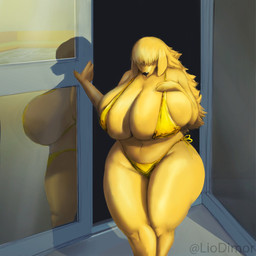 anthro big_breasts bikini blonde_hair breasts camel_toe clothing female female_anthro fingers fur glistening_thighs gold_bikini hair hair_over_eyes hand_on_breast huge_breasts hyper hyper_breasts reflection solo swimwear thick_thighs two-piece_swimsuit wide_hips yellow_body yellow_fur liodimor golden_week canid canine canis domestic_dog mammal 1:1 2025 hi_res