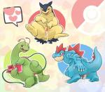 after_sex anus blush bodily_fluids claws color_partitioning crocodilian cum cum_in_pussy cum_inside dinosaur elemental_creature female feral feraligatr flora_fauna generation_2_pokemon genital_fluids genitals heart_reaction heart_symbol heart_triplet hi_res komeko-nk looking_at_viewer mammal meganium multi_heart_reaction nintendo open_mouth partitioning plant pokemon pokemon_(species) polygonal_speech_bubble presenting presenting_pussy pussy reptile sauropod sauropodomorph scalie solo speech_bubble starter_trio sweat tail tongue typhlosion uncensored