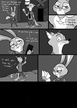 anthro blush clothed clothing cough dark dialogue doorway duo electronics female flirting long_ears male phone photo police police_uniform smile text uniform window zalgo_(artist) disney zootopia judy_hopps nick_wilde canid canine fox lagomorph leporid mammal rabbit red_fox true_fox 2016 comic english_text greyscale hi_res monochrome