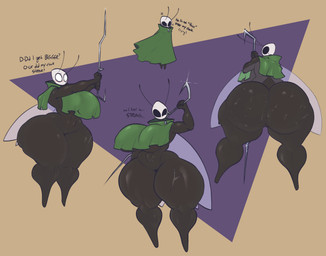 anthro big_breasts big_butt black_body bodily_fluids breasts butt cloak clothing dialogue female hammerspace hammerspace_butt hammerspace_hips hammerspace_thighs hidden_buxom huge_breasts huge_butt huge_hips huge_thighs hyper hyper_butt hyper_hips hyper_thighs insect_wings muscular muscular_female muscular_thighs rear_view scar solo sweat sweaty_butt text thick_thighs wide_hips wings xytora hollow_knight_(franchise) team_cherry fan_character arthropod english_text hi_res
