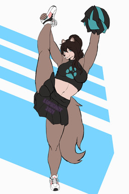 aglet anthro bangs blue_eyes bottomwear breasts cheerleader clothing college female fluffy footwear fur hair pom_poms ponytail raised_leg school shoelaces shoes skirt slim sneakers solo spread_legs spreading string_bow tied_string topwear lumieart canid canine canis jackal mammal 2021 2:3 absurd_res hi_res