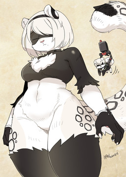 alternate_species anthro blindfold bottomless chest_tuft clothed clothing duo featureless_crotch female feral feralized fluffy fluffy_tail fur furrification hair male tail thick_thighs tuft white_body white_fur white_hair shepherd0821 nier_automata platinumgames square_enix pod_153 yorha_2b yorha_9s felid mammal pantherine snow_leopard 2022 dated hi_res