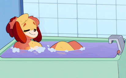 anthro bath bathing breasts closed_smile collarbone countershade_face countershade_torso countershading eyelashes eyes_closed female freckled_face freckled_shoulders freckles fur mouth_closed nude nude_anthro nude_female smile solo water yellow_body yellow_fur tyso_art animal_crossing nintendo isabelle_(animal_crossing) canid canine canis domestic_dog mammal shih_tzu toy_dog 2024 absurd_res digital_drawing_(artwork) digital_media_(artwork) english_description hi_res