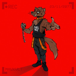 anthro boots bottomwear brown_body brown_fur chain clothing collar ears_up footwear fur gesture hand_gesture harness holding_chain holding_melee_weapon holding_object holding_weapon looking_at_viewer male melee_weapon pants pointing pointing_at_viewer shirt shoes smile smiling_at_viewer solo tail tank_top teeth teeth_showing text text_on_clothing topwear weapon mawkvlt isaac_(tormentoryarvin) 1:1 hi_res