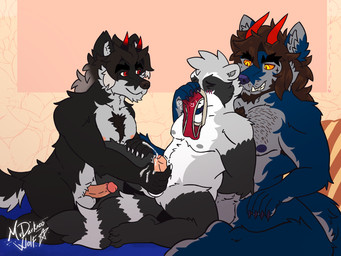 balls bodily_fluids clothing cum dirty dirty_clothing dirty_underwear ejaculation erection genital_fluids genitals group handjob hands_behind_back horn humanoid_genitalia humanoid_penis leaking leaking_cum male male/male masturbation penile penis sex size_difference sniffing sniffing_clothes touching_penis trio underwear underwear_sniffing mrdarknesswolf mythology dantalos mrdarknesswolf_(character) roquemapache canid canine canis demon hybrid mammal mythological_canine mythological_creature procyonid werecanid werecanine werecreature werewolf wolf 4:3 hi_res