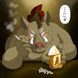 anthro blush bodily_fluids ellipsis humanoid_hands kemono male overweight overweight_anthro overweight_male solo sweat text raichoclub mammal suid suine sus_(pig) wild_boar 1:1 2015 japanese_text