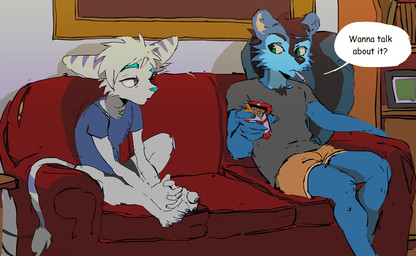 anthro big_tail black_body black_fur black_nose blue_body blue_fur blue_nose caption cigarette clothing duo feet fur furniture green_eyes hair hindpaw inside male paws purple_eyes short_hair sitting smoking sofa stripes tail text tuft white_body white_fur white_hair anonymous_artist ratchet_and_clank sony_corporation sony_interactive_entertainment mojo_(skunk)_(mojoskunk) lombax mammal mephitid skunk 2014 digital_media_(artwork) english_text