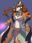 anthro black_nose breasts brown_body brown_fur brown_hair clothed clothing cosplay ear_piercing female fur glowing_hand hair navel piercing secret_stone secret_stone_of_spirit solo tail ajna nintendo tears_of_the_kingdom the_legend_of_zelda mineru canid canine canis fox hybrid mammal wolf 3:4 hi_res