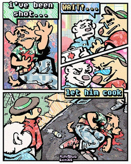 4_panel_comic aloha_shirt blood bodily_fluids bottomwear clothing denim denim_bottomwear denim_clothing dialogue eyewear first_aid_kit floppy_ears footwear fur group hat headgear headwear humor jeans medical_instrument pants pattern_clothing pattern_shirt pattern_topwear scientific_instrument shirt shoes smile smirk smug smug_face sneakers speech_bubble sunglasses t-shirt text topwear white_body white_fur yellow_body yellow_fur rawdawgcomics stahli_(rawdawgcomics) bear bird_dog canid canine canis domestic_dog golden_retriever hunting_dog mammal polar_bear retriever ursine 4:5 comic english_text
