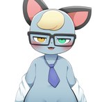 anthro black_ears blush clothed clothing collarbone eyewear front_view glasses green_eyes grey_body hair heterochromia looking_at_viewer male navel necktie partially_clothed pink_tongue solo tongue white_clothing yellow_eyes sum animal_crossing nintendo raymond_(animal_crossing) domestic_cat felid feline felis mammal hi_res