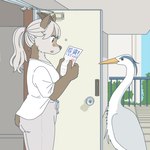 ambiguous_gender anthro beak clothed clothing duo female feral holding_object holding_paper horn kemono paper scut_tail short_tail tail text ekaki510 avian bird bovid caprine heron japanese_serow mammal pelecaniform serow 1:1 hi_res japanese_text translated