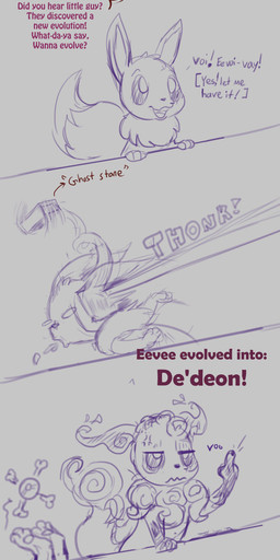 ambiguous_gender brick brick_block death dialogue duo feral gesture hand_gesture humor imminent_death instant_death killing knocked_out_tooth middle_finger pun silly simple_background text throwing throwing_object roco fakemon nintendo pokemon eevee eeveelution generation_1_pokemon ghost human mammal pokemon_(species) spirit absurd_res comic english_text hi_res meme monochrome