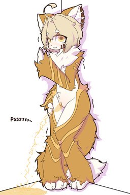 bodily_fluids female female_peeing forced_peeing genital_fluids looking_at_viewer peeing scared solo standing_pee tears urine watersports yellow_body young cassis felid feline felis mammal absurd_res hi_res