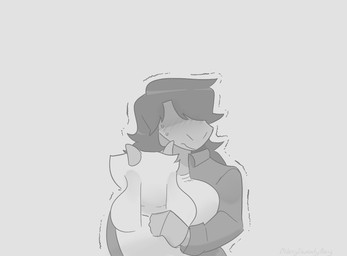 ambiguous_gender anthro blush blush_lines bodily_fluids breasts clothed clothing duo embarrassed female hair horn hug long_hair nervous non-mammal_breasts nude shaking sweat averysweatyboy deltarune undertale_(series) ralsei susie_(deltarune) bovid caprine darkner goat mammal reptile scalie comic monochrome male_(lore)