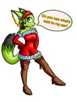 absolute_territory anthro armwear breasts clothed clothing dialogue dress elbow_gloves female fur gloves green_body green_eyes green_fur handwear holidays holly_(plant) legwear plant solo stockings text thigh_highs gerald_serault christmas freedom_planet galaxytrail carol_tea felid feline felis mammal wildcat 3:4 english_text hi_res