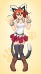 accessory amber_eyes black_body black_fur bottomwear brown_hair clothing female fur hair hair_accessory hair_ribbon legwear light_body light_skin orange_hair red_hair ribbons skirt solo stockings white_body white_fur yellow_eyes hoshinousagi huniepop momo_(huniepop) animal_humanoid cat_humanoid felid felid_humanoid feline feline_humanoid humanoid mammal mammal_humanoid hi_res