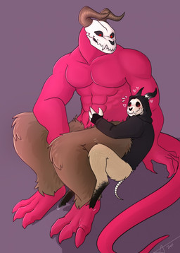 abs ambiguous_gender anthro blush blush_lines brown_body brown_fur claws clothing duo fur heart_symbol hearts_around_head hoodie hooves horn looking_at_viewer male male/ambiguous red_body red_eyes simple_background sitting sitting_on_another size_difference tail topwear conop-8888 conop zenyth bovid caprine caprine_demon demon goat_demon mammal 2019 hi_res